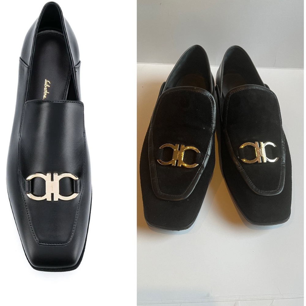 SALVATORE FERRAGAMO Lana Gancini Square Toe Block heel Loafers Black Gray Shoes
